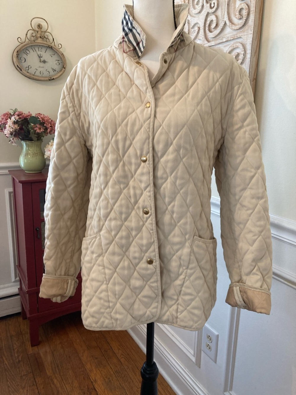 Burberry Beige Quilted Pea Coat with Signature Plaid Trim